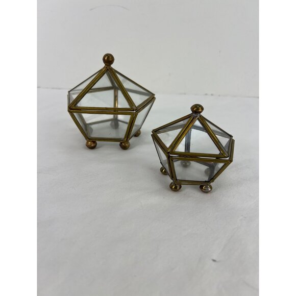 Set of 2 VTG Geometric Glass and Brass Jewelry Boxes 3.5 and 2.5" for Home Decor - Picture 1 of 5